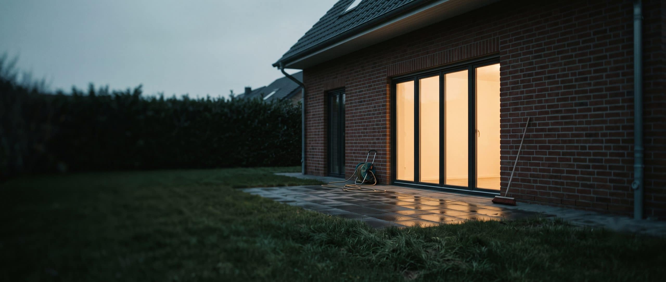 Glas-Faltwand von Glasbau West an einem Klinkerhaus am Abend, warm beleuchtet